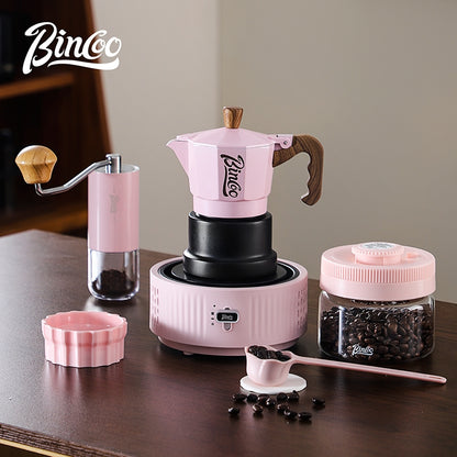 BINCOO Pink 3-Valve Moka Pot with Electric Stove Set Coffee Grinder Stovetop Coffee Maker Small Home Use 2 Cups