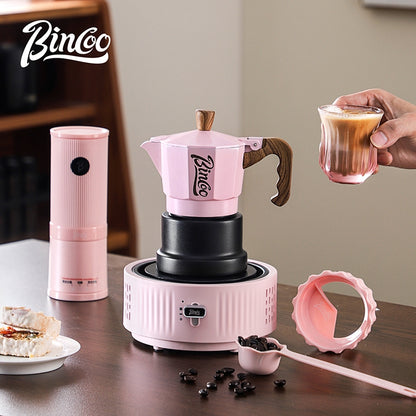 BINCOO Pink 3-Valve Moka Pot with Electric Stove Set Coffee Grinder Stovetop Coffee Maker Small Home Use 2 Cups