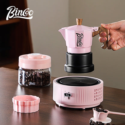 BINCOO Pink 3-Valve Moka Pot with Electric Stove Set Coffee Grinder Stovetop Coffee Maker Small Home Use 2 Cups