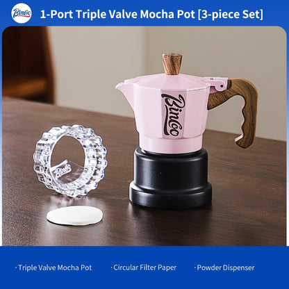 BINCOO Pink 3-Valve Moka Pot with Electric Stove Set Coffee Grinder Stovetop Coffee Maker Small Home Use 2 Cups