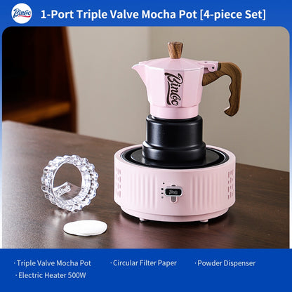BINCOO Pink 3-Valve Moka Pot with Electric Stove Set Coffee Grinder Stovetop Coffee Maker Small Home Use 2 Cups