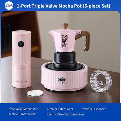 BINCOO Pink 3-Valve Moka Pot with Electric Stove Set Coffee Grinder Stovetop Coffee Maker Small Home Use 2 Cups
