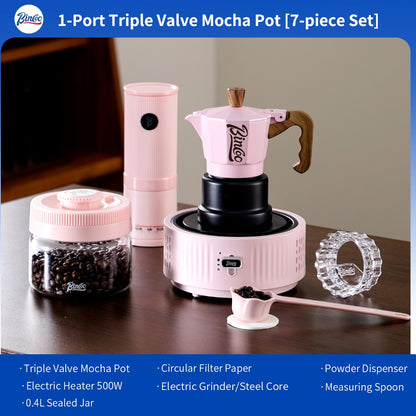 BINCOO Pink 3-Valve Moka Pot with Electric Stove Set Coffee Grinder Stovetop Coffee Maker Small Home Use 2 Cups