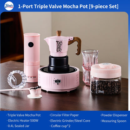 BINCOO Pink 3-Valve Moka Pot with Electric Stove Set Coffee Grinder Stovetop Coffee Maker Small Home Use 2 Cups