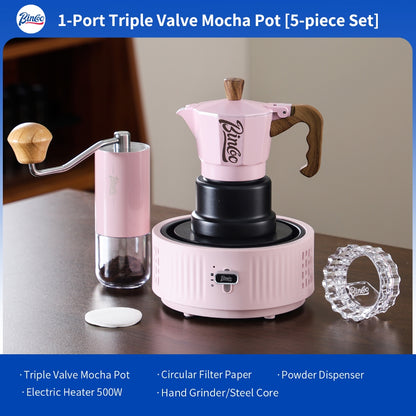BINCOO Pink 3-Valve Moka Pot with Electric Stove Set Coffee Grinder Stovetop Coffee Maker Small Home Use 2 Cups