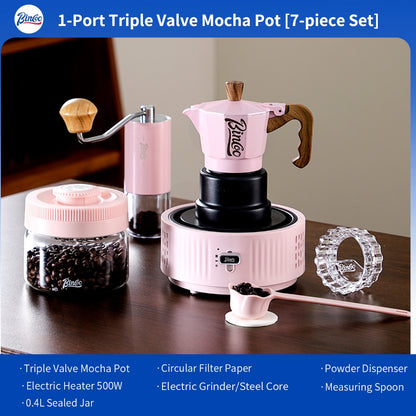 BINCOO Pink 3-Valve Moka Pot with Electric Stove Set Coffee Grinder Stovetop Coffee Maker Small Home Use 2 Cups