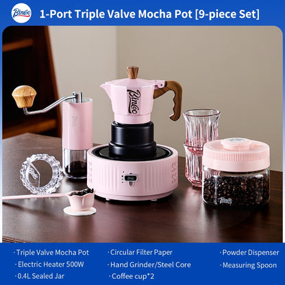 BINCOO Pink 3-Valve Moka Pot with Electric Stove Set Coffee Grinder Stovetop Coffee Maker Small Home Use 2 Cups