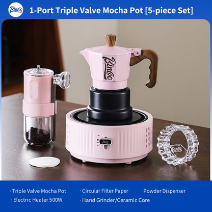 BINCOO Pink 3-Valve Moka Pot with Electric Stove Set Coffee Grinder Stovetop Coffee Maker Small Home Use 2 Cups