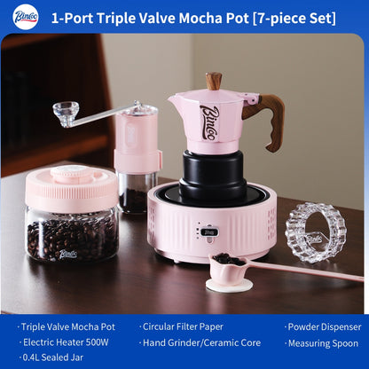BINCOO Pink 3-Valve Moka Pot with Electric Stove Set Coffee Grinder Stovetop Coffee Maker Small Home Use 2 Cups