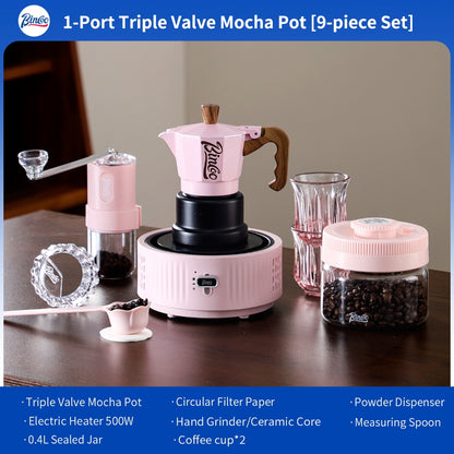 BINCOO Pink 3-Valve Moka Pot with Electric Stove Set Coffee Grinder Stovetop Coffee Maker Small Home Use 2 Cups
