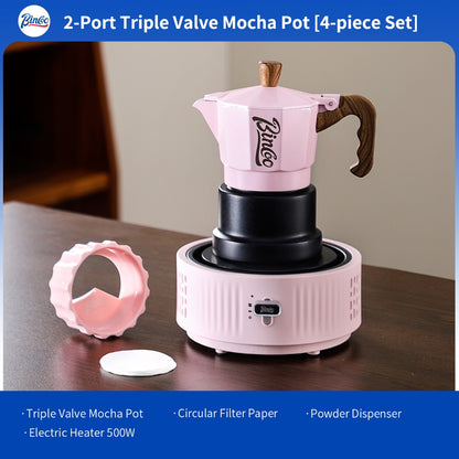 BINCOO Pink 3-Valve Moka Pot with Electric Stove Set Coffee Grinder Stovetop Coffee Maker Small Home Use 2 Cups