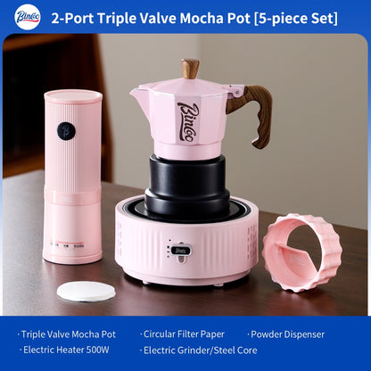 BINCOO Pink 3-Valve Moka Pot with Electric Stove Set Coffee Grinder Stovetop Coffee Maker Small Home Use 2 Cups