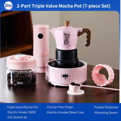 BINCOO Pink 3-Valve Moka Pot with Electric Stove Set Coffee Grinder Stovetop Coffee Maker Small Home Use 2 Cups