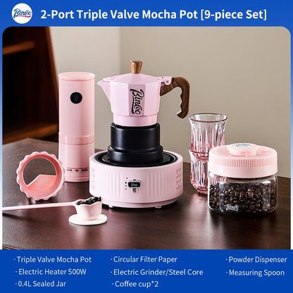 BINCOO Pink 3-Valve Moka Pot with Electric Stove Set Coffee Grinder Stovetop Coffee Maker Small Home Use 2 Cups