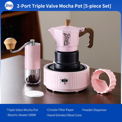 BINCOO Pink 3-Valve Moka Pot with Electric Stove Set Coffee Grinder Stovetop Coffee Maker Small Home Use 2 Cups