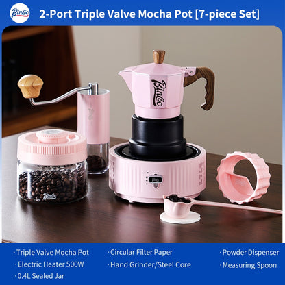 BINCOO Pink 3-Valve Moka Pot with Electric Stove Set Coffee Grinder Stovetop Coffee Maker Small Home Use 2 Cups