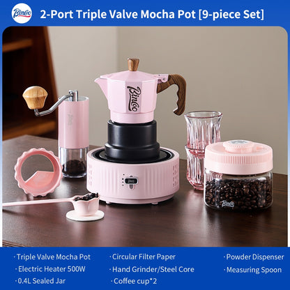 BINCOO Pink 3-Valve Moka Pot with Electric Stove Set Coffee Grinder Stovetop Coffee Maker Small Home Use 2 Cups