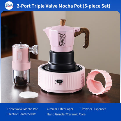 BINCOO Pink 3-Valve Moka Pot with Electric Stove Set Coffee Grinder Stovetop Coffee Maker Small Home Use 2 Cups