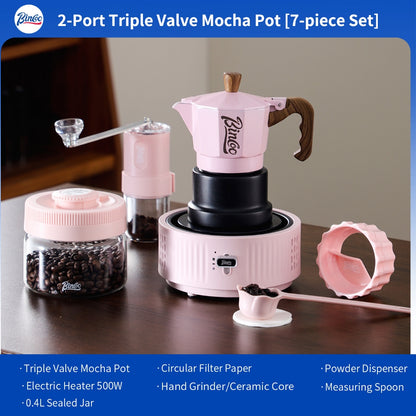 BINCOO Pink 3-Valve Moka Pot with Electric Stove Set Coffee Grinder Stovetop Coffee Maker Small Home Use 2 Cups