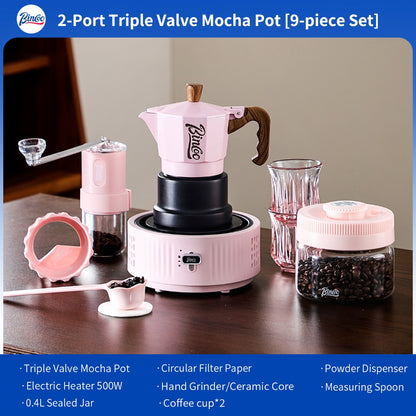 BINCOO Pink 3-Valve Moka Pot with Electric Stove Set Coffee Grinder Stovetop Coffee Maker Small Home Use 2 Cups