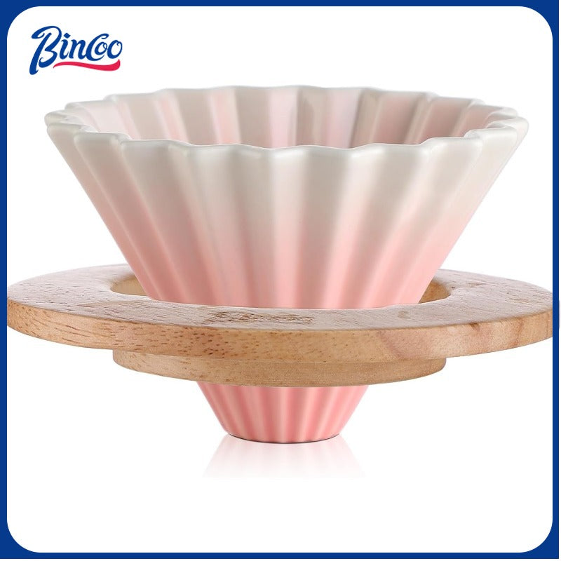 Bincoo GYKF1990 Ceramic Coffee Dripper,Pour Over Coffee Dripper with Wood Stand, Flower-shape for 1-2 Cups Slow Brewing Maker for Home Cafe (Pink)