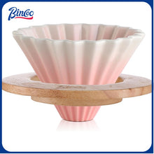 Bincoo GYKF1990 Ceramic Coffee Dripper,Pour Over Coffee Dripper with Wood Stand, Flower-shape for 1-2 Cups Slow Brewing Maker for Home Cafe (Pink)