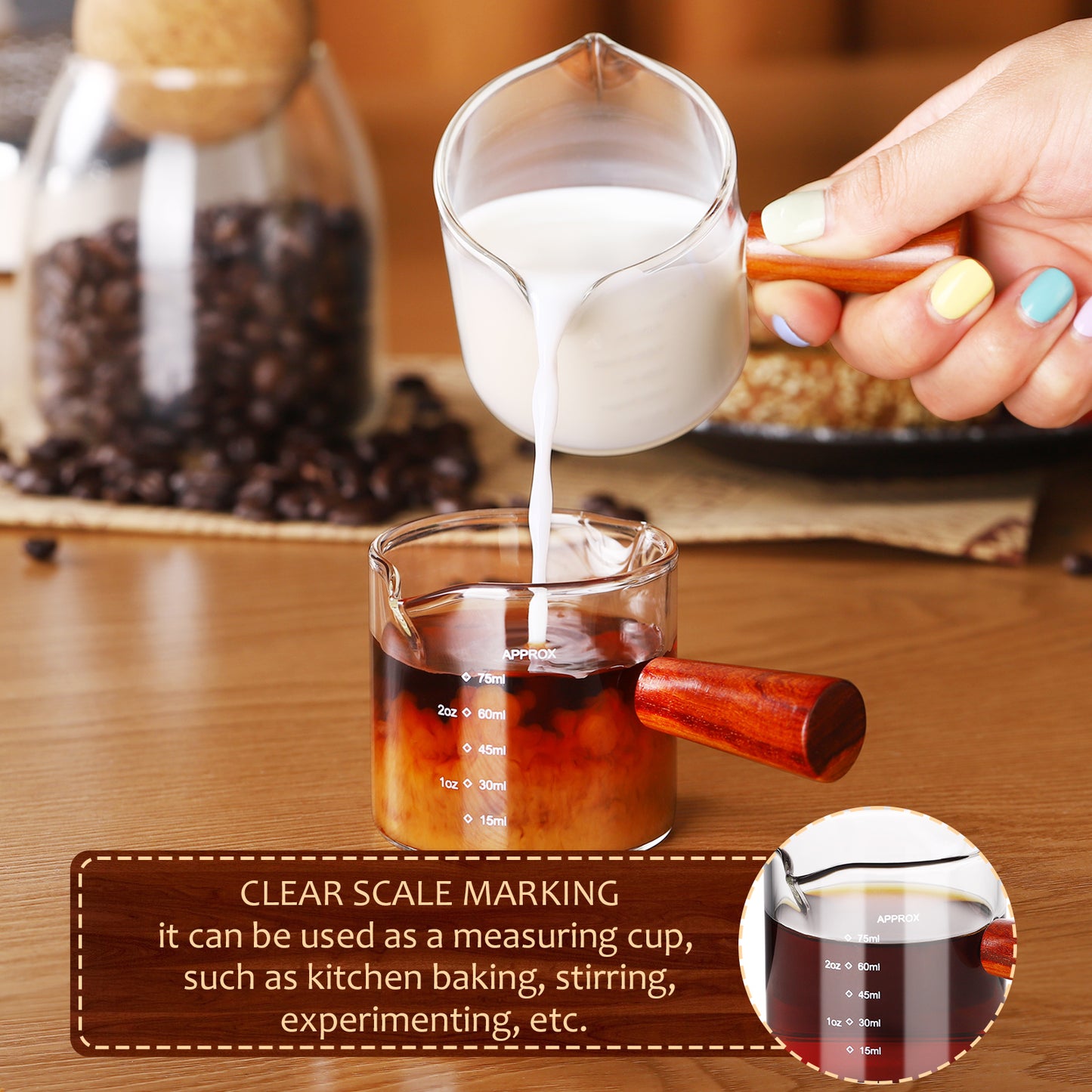 Bincoo GYKF0141 100ML Espresso Shot Glass with Wood Handle - Double Spout Measuring Cup for Perfect Latte Art, Dishwasher Safe, Easy-Pour Design (OZ/ML Markings)