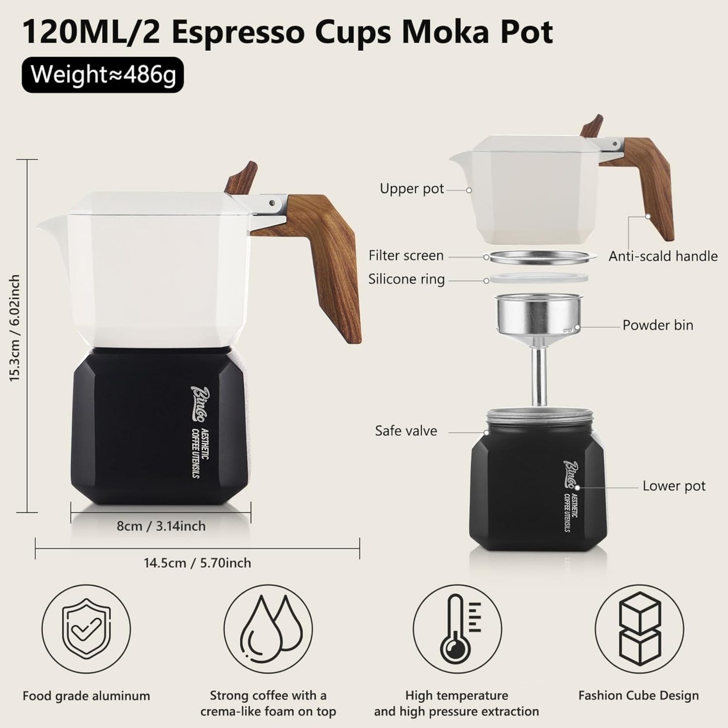 Bincoo Stovetop Espresso Maker 2 Cups-Creative Moka Coffee Pot Double Valve,Italian Coffee Maker Aluminium Stovetop Camping Espresso Maker,120ML/4oz(White-black)