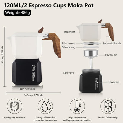 Bincoo Stovetop Espresso Maker 2 Cups-Creative Moka Coffee Pot Double Valve,Italian Coffee Maker Aluminium Stovetop Camping Espresso Maker,120ML/4oz(White-black)
