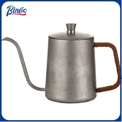 Bincoo Outdoor Pour Over Coffee Kettle - Retro Stainless Steel Gooseneck Spout Coffee Pot with Hemp Rope Handle, Aesthetic Hand Drip Pot for Camping & Home Brewing