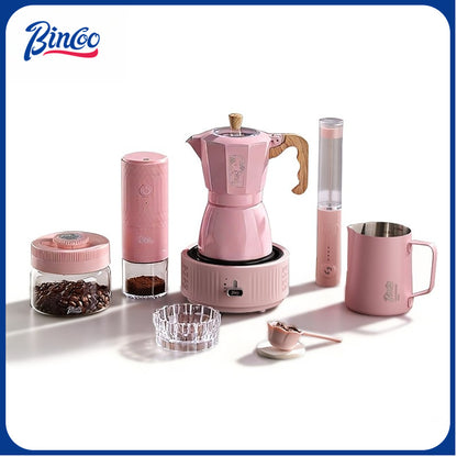 BINCOO Pink Series Double Valve Moka Pot Set with Electric Coffee Grinder Mini Portable Italian Espresso Coffee Utensil Kit for Home Use 2Cups/4Cups