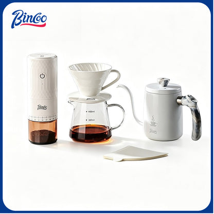 BINCOO DM08 Portable Electric Coffee Grinder Set with Glass Sealed Canister Mini Household Coffee Tool Kit for Pour Over & Espresso