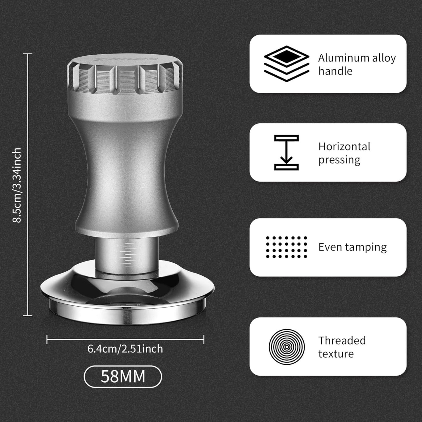 Bincoo GYKF0820 Espresso Tamper 58mm-Consistent Pressure Coffee Tamper for Barista Home,Adjustable Depth,Stainless Steel Base Tamper Espresso Tool Fits 58mm Portafilters(Grey 58mm)