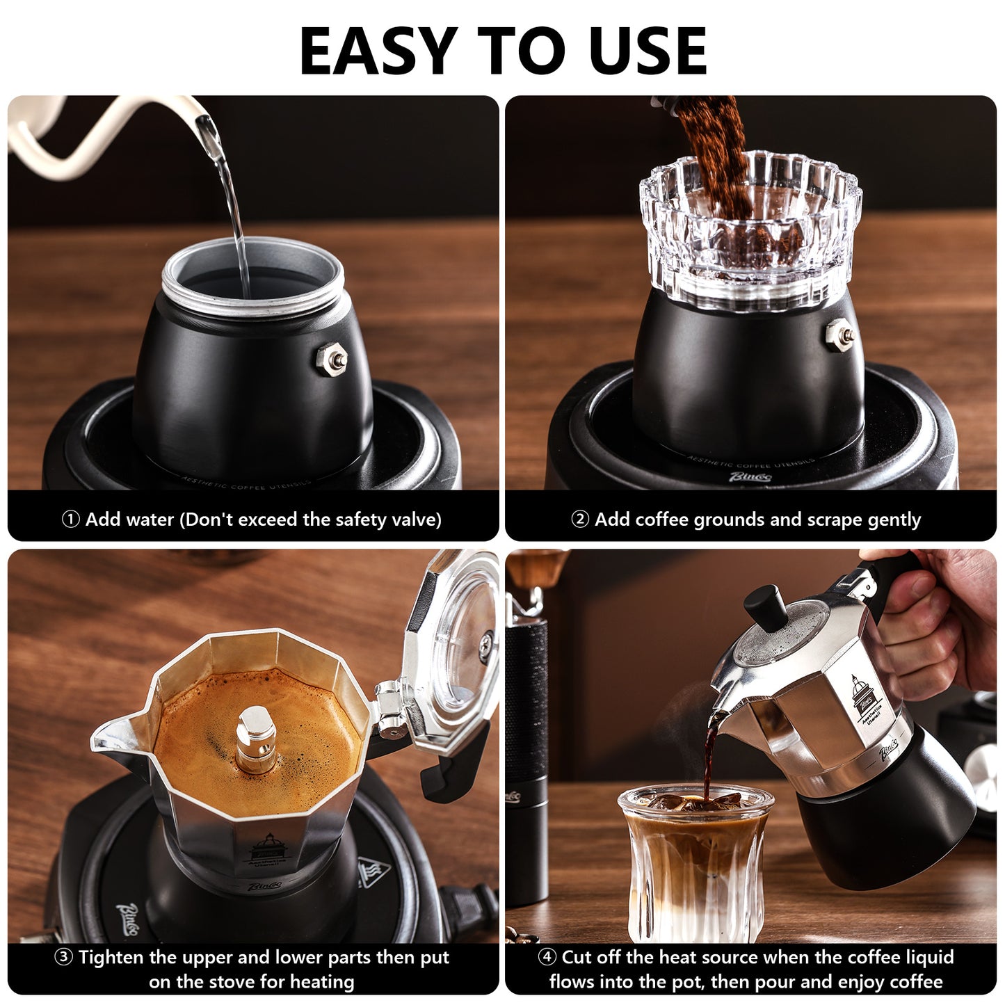 BINCOO Espresso Maker, Grecas De Cafe, Italian Coffee Pot Ideal for Kitchens & RV Travel, Full-Bodied Coffee with Ease & Style