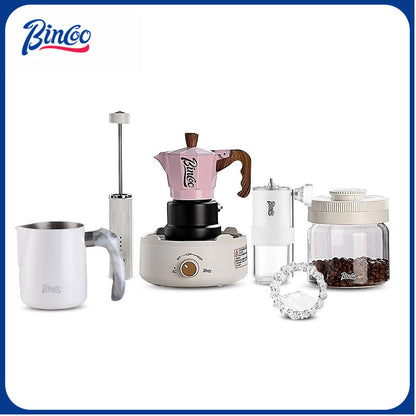 BINCOO Three-Valve Moka Pot with Electric Ceramic Stove Heating Home Espresso Coffee Maker with Grinder Set Ideal for Office, Outdoor, and Travel Use 2Cups/1Cup