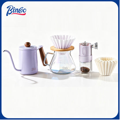 BINCOO Glass Server & Ceramic Dripper with Wooden Holder Pour‑Over Coffee Set with Manual Coffee Grinder