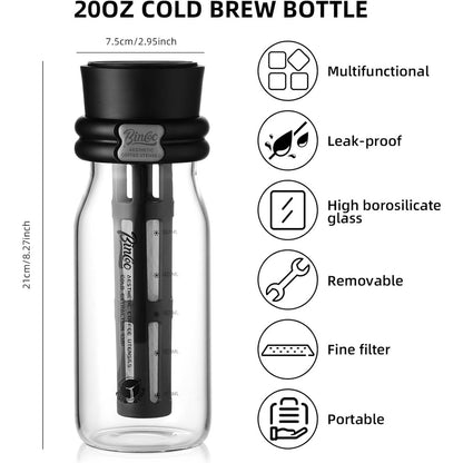 Bincoo GYKF2013 Borosilicate Glass Cold Brew Coffee Maker-600ml,Leak-Proof,Cold Brew Bottle with Fine Mesh Filter & Silicone Funnel,Multi-Functional for Coffee & Fruit Tea (Black)