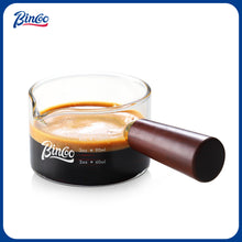 Bincoo CA81373 Espresso Shot Glasses with Wood Handle - 120ml Glass Coffee Bean Dosing Cup with Dual Spout,Clear Espresso Measuring Cup Glass for Barista Coffee Measure