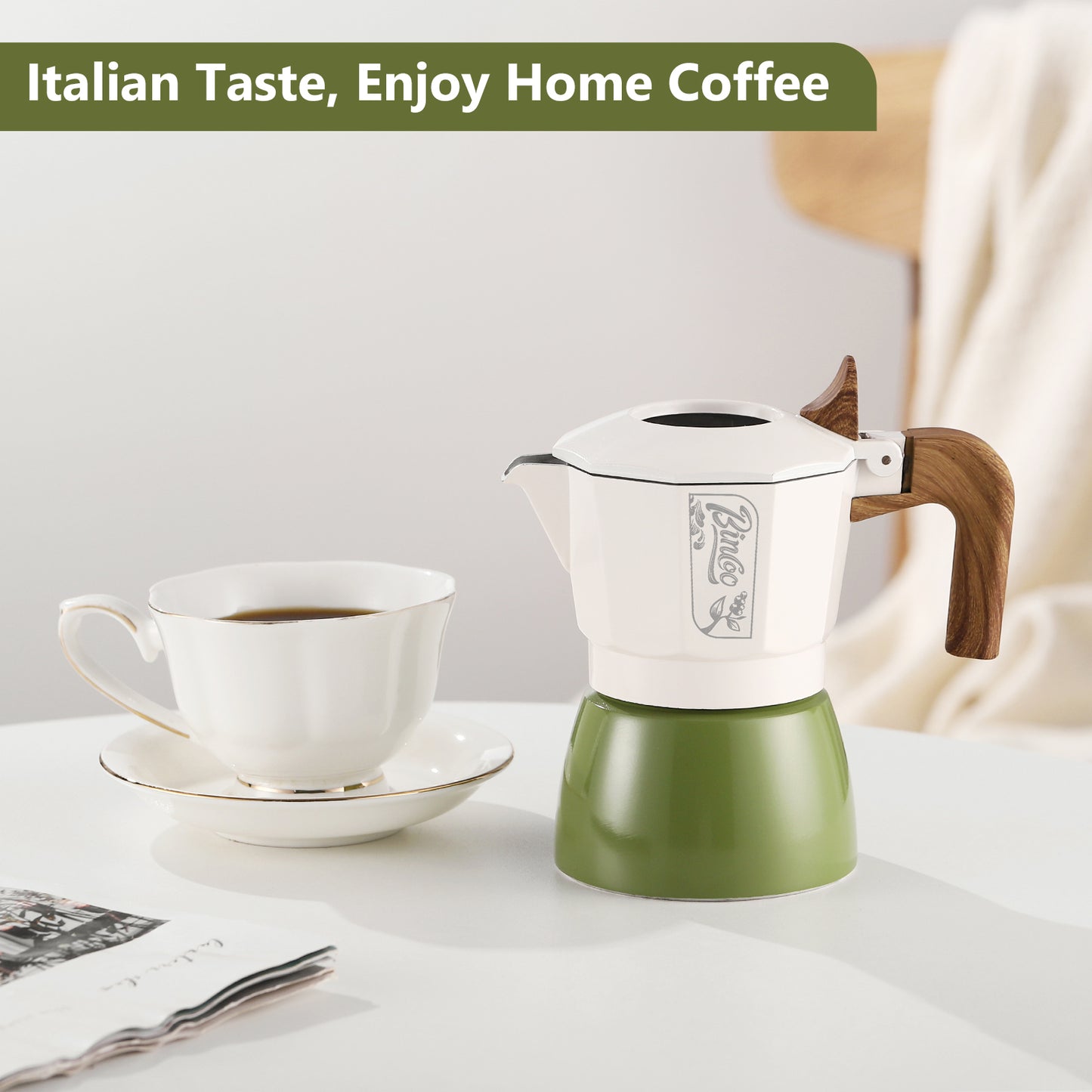 Bincoo Premium Moka Pot Set 6 Color Options Dual Valve System Compact Italian Coffee Maker for Stovetop Brewing