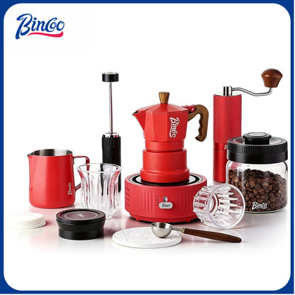 BINCOO Red 3-Valve Coffee Moka Pot Complete Set with Electric Hot Plate, Small Italian Coffee Maker 2Cups