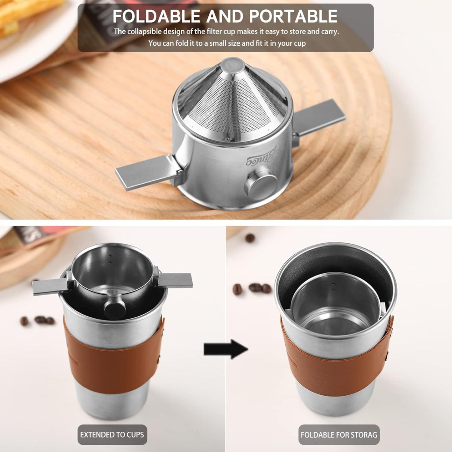 Bincoo GYKF0539 Pour Over Coffee Dripper, Portable Stainless Steel Reusable Coffee Filter, Mini Collapsible Paperless Single Serve 1-2 Cup Coffee Dripper Cup Easy To Clean For Travel Camping Offices