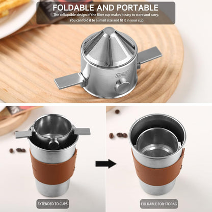 Bincoo GYKF0539 Pour Over Coffee Dripper, Portable Stainless Steel Reusable Coffee Filter, Mini Collapsible Paperless Single Serve 1-2 Cup Coffee Dripper Cup Easy To Clean For Travel Camping Offices