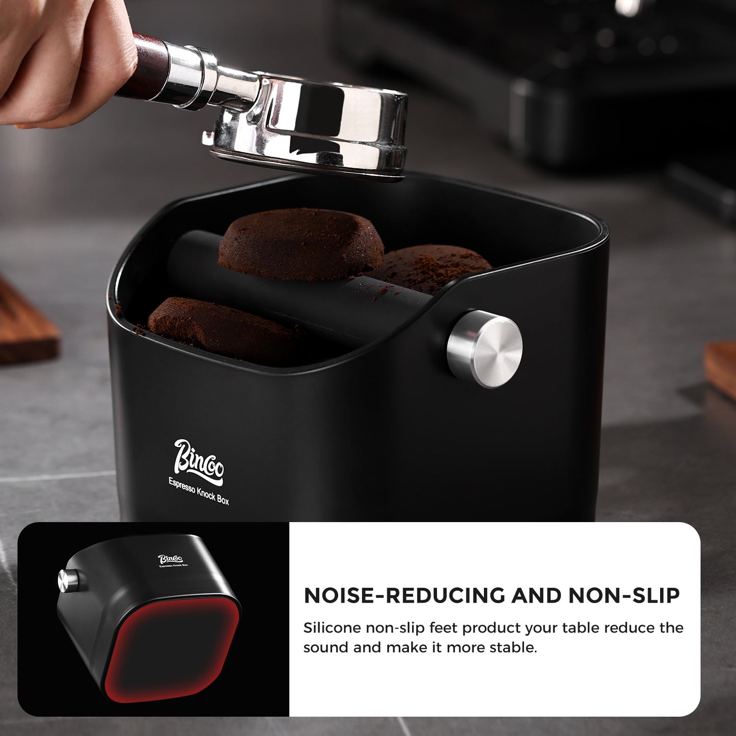Bincoo GYKF2270 Square Coffee Knock Box 0.8L – ABS Espresso Knock Bin with Non-Slip Base, Wide 4.6" Slanted Opening & Detachable Silicone Knock Bar for Easy Cleaning and Quiet Use(Black square)