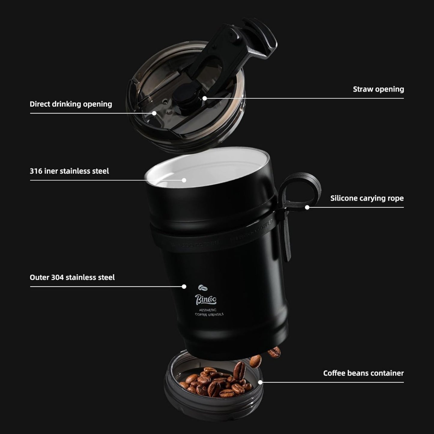 Bincoo 11oz Travel Coffee Mug Tumbler with Flip Lid-316 Stainless Steel Vacuum Coffee Cup with Ceramic Liner for Hot and Cold,Portable Insulation Mug with Rope for Ootdoor Home