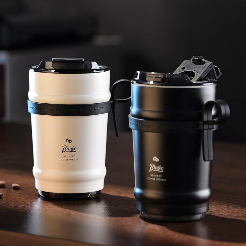 Bincoo GYKF1908 11oz Travel Coffee Mug Tumbler with Flip Lid-316 Stainless Steel Vacuum Coffee Cup with Ceramic Liner for Hot and Cold,Portable Insulation Mug with Rope for Ootdoor Home