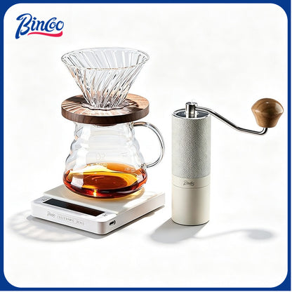 BINCOO V60 Glass Drip Coffee Maker Set Complete Hand Brew Kit with Glass Server & Manual Coffee Grinder