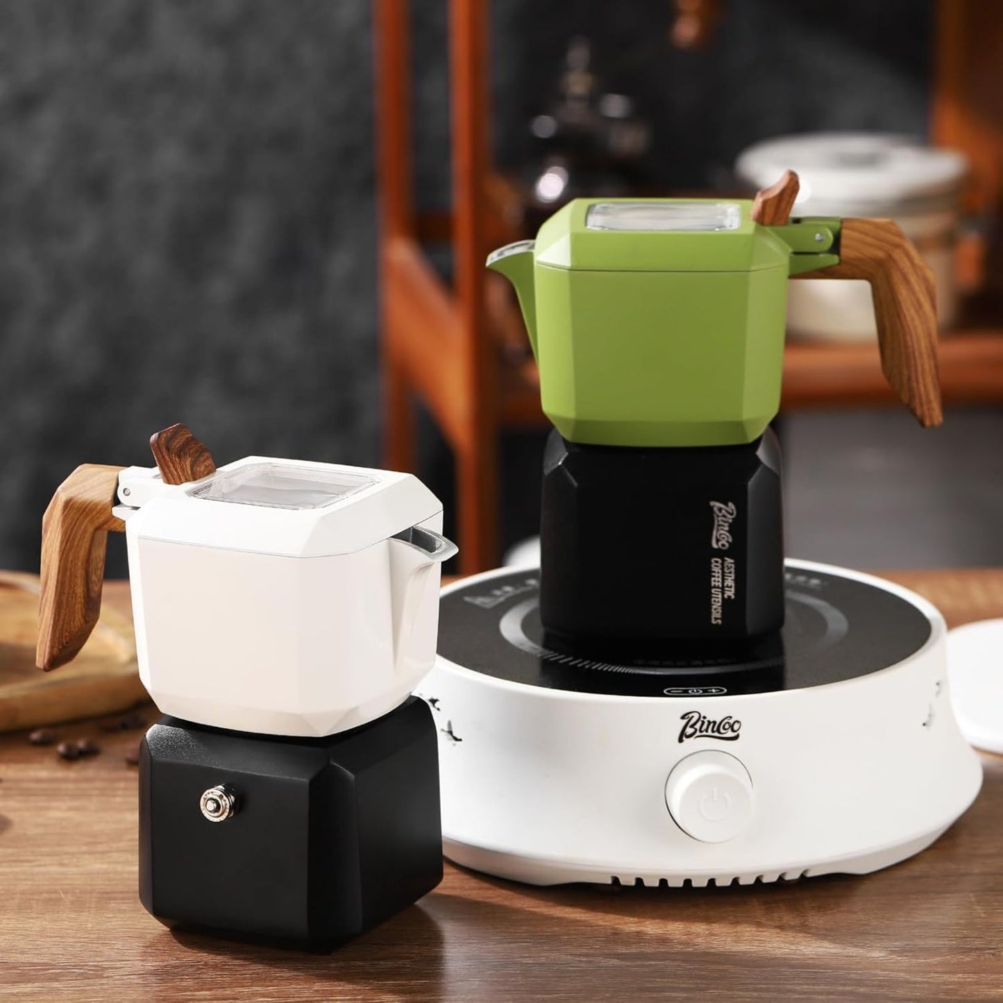 Bincoo Stovetop Espresso Maker 2 Cups-Creative Moka Coffee Pot Double Valve,Italian Coffee Maker Aluminium Stovetop Camping Espresso Maker,120ML/4oz(White-black)