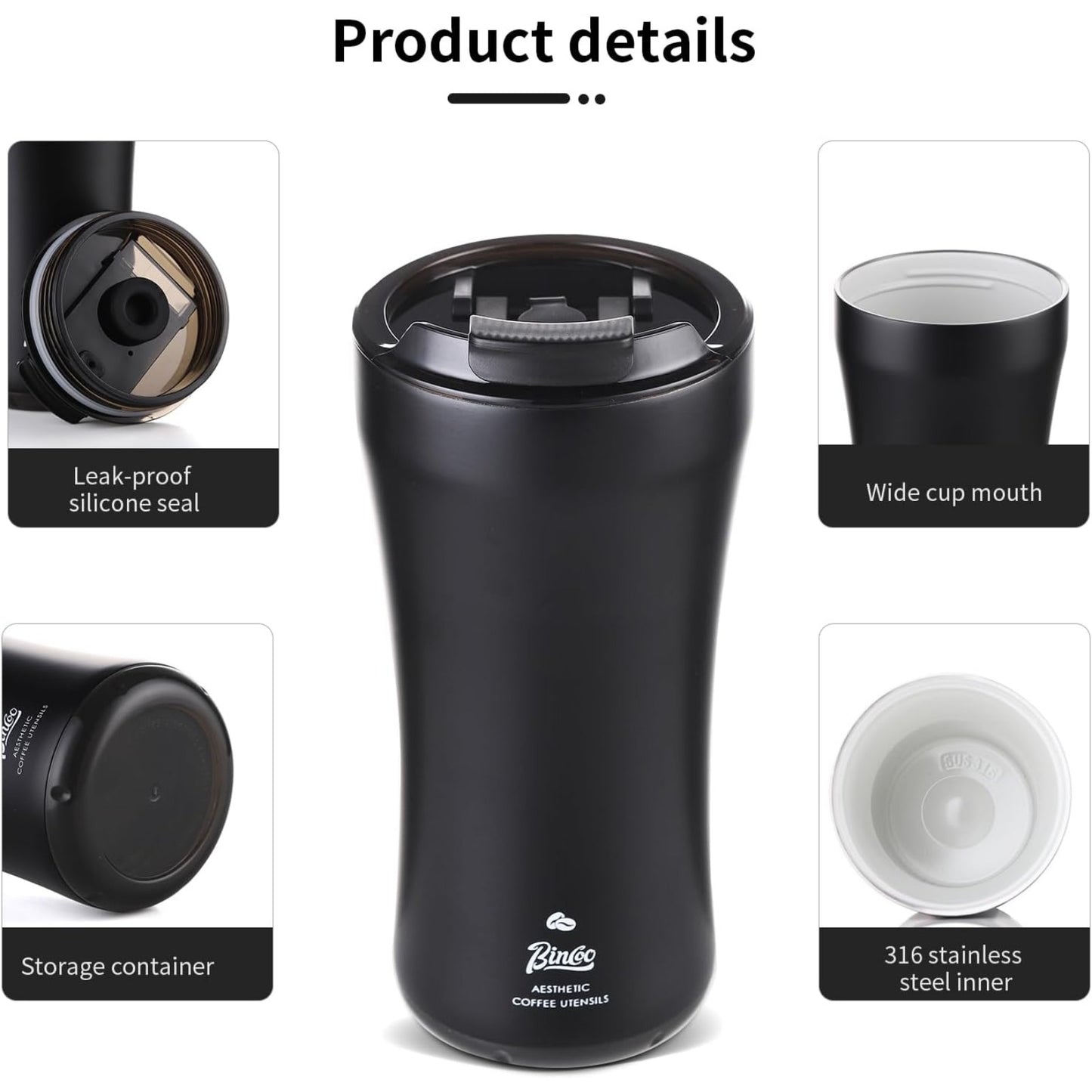 Bincoo 316 Stainless Steel Insulated Coffee Travel Mug 12.8oz,Leak-proof Insulated Travel Coffee Tumbler Keeps Drinks Hot/Cold for 6 Hours,with Storage Compartment,Ideal for Office,Outdoors,Car