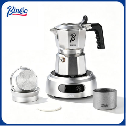 BINCOO 3-Valve Stainless Steel Moka Pot Set with Pure Titanium Stove Accessories & Coffee Grinder Home Coffee Maker Kit for 2 Cups