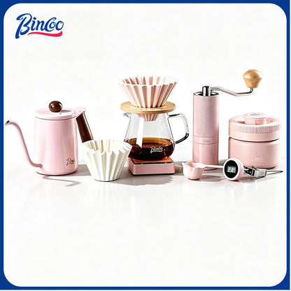 BINCOO Pink Pour Over Coffee Set Complete Kit with Glass Server Ceramic V60 Dripper & Manual Coffee Grinder for Home & Office